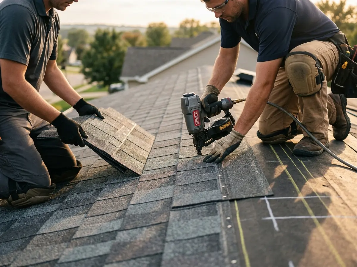 Professional roofer working on a residential roof in Stokesdale